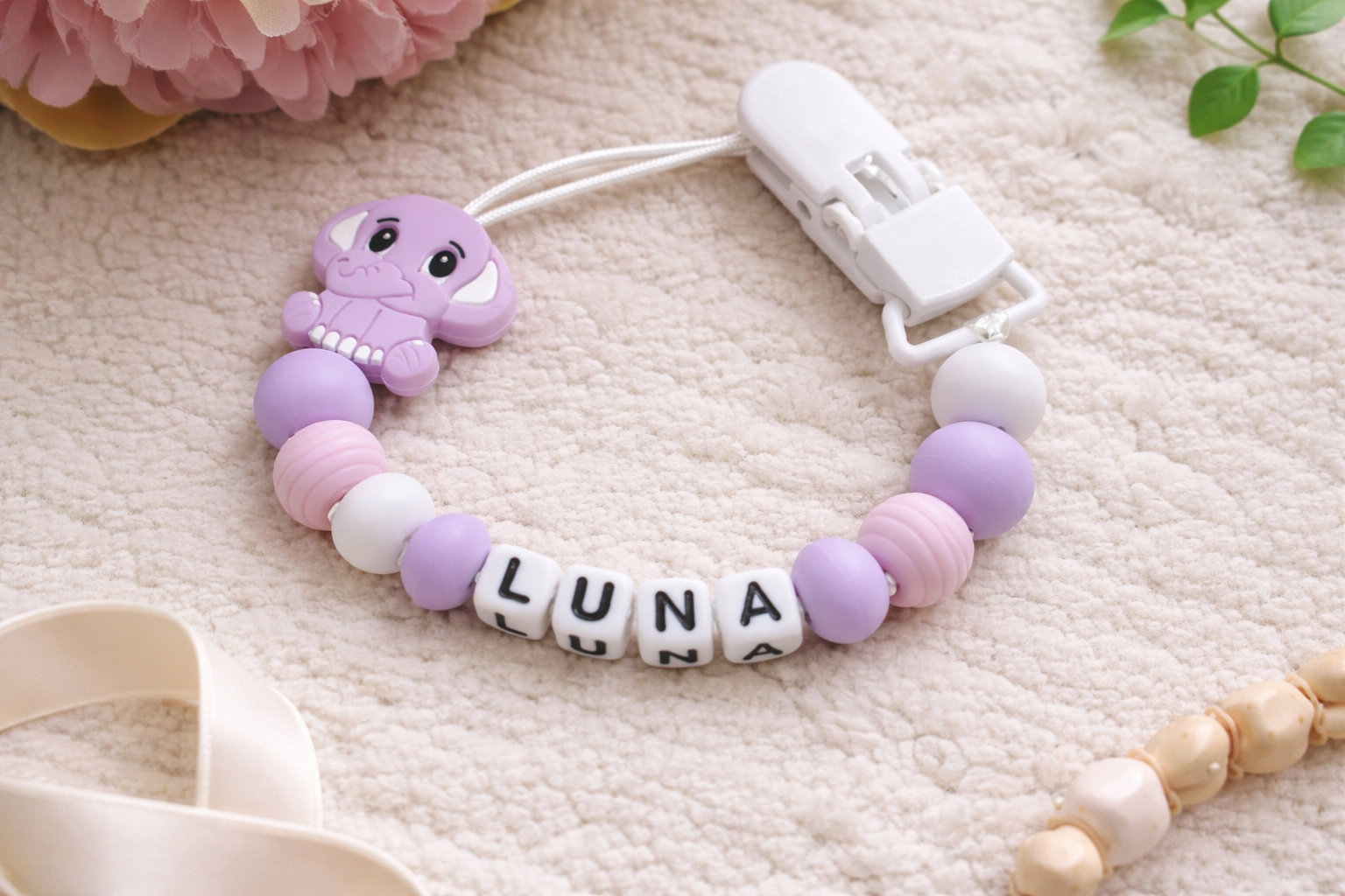 Beautiful purple & pink elephant dummy clip with plastic letter beads. Personalized with your baby's name. Perfect baby girl gift. Handmade with premium beads.