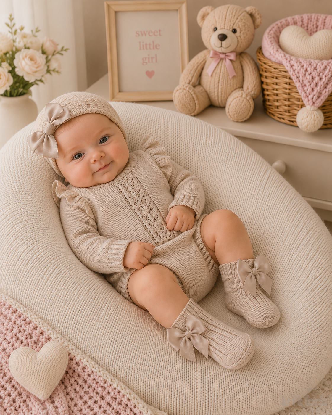 Baby in a cozy setting with a teddy bear and decorative items