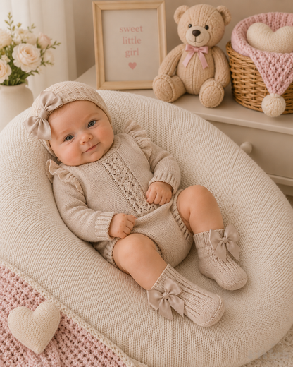 Baby in a cozy setting with a teddy bear and decorative items