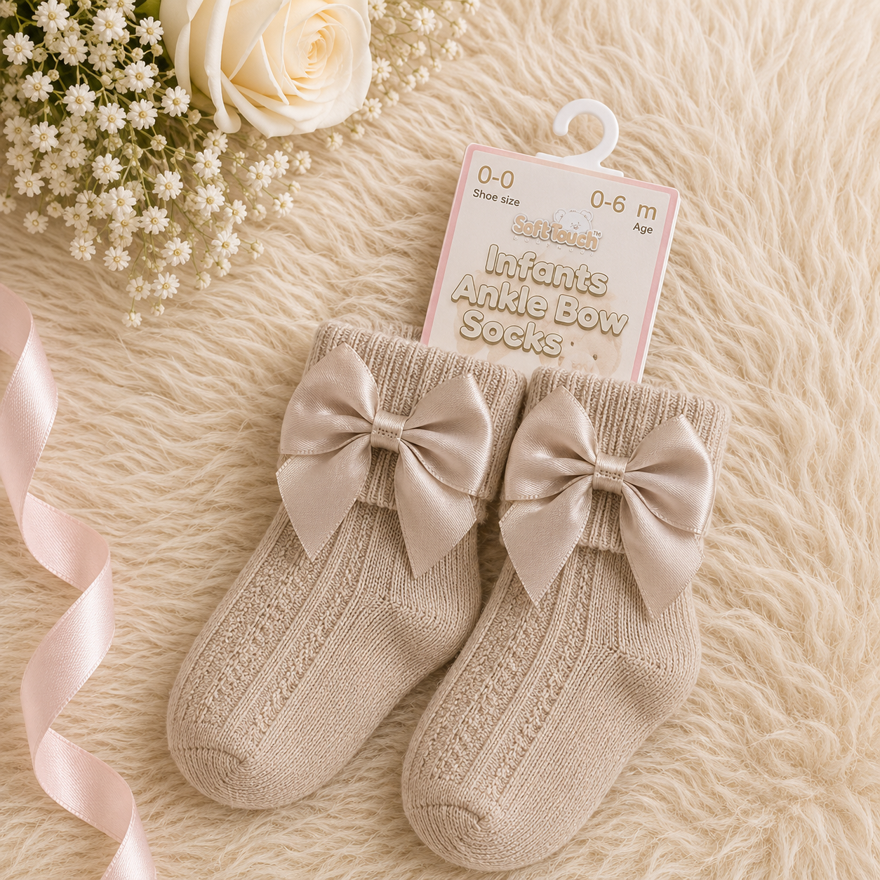 Beige infants' ankle bow socks with a tag on a textured beige surface with flowers.
