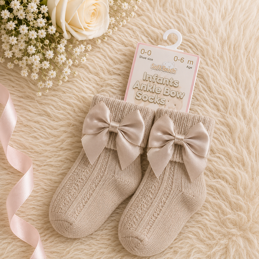 Beige infants' ankle bow socks with a tag on a textured beige surface with flowers.
