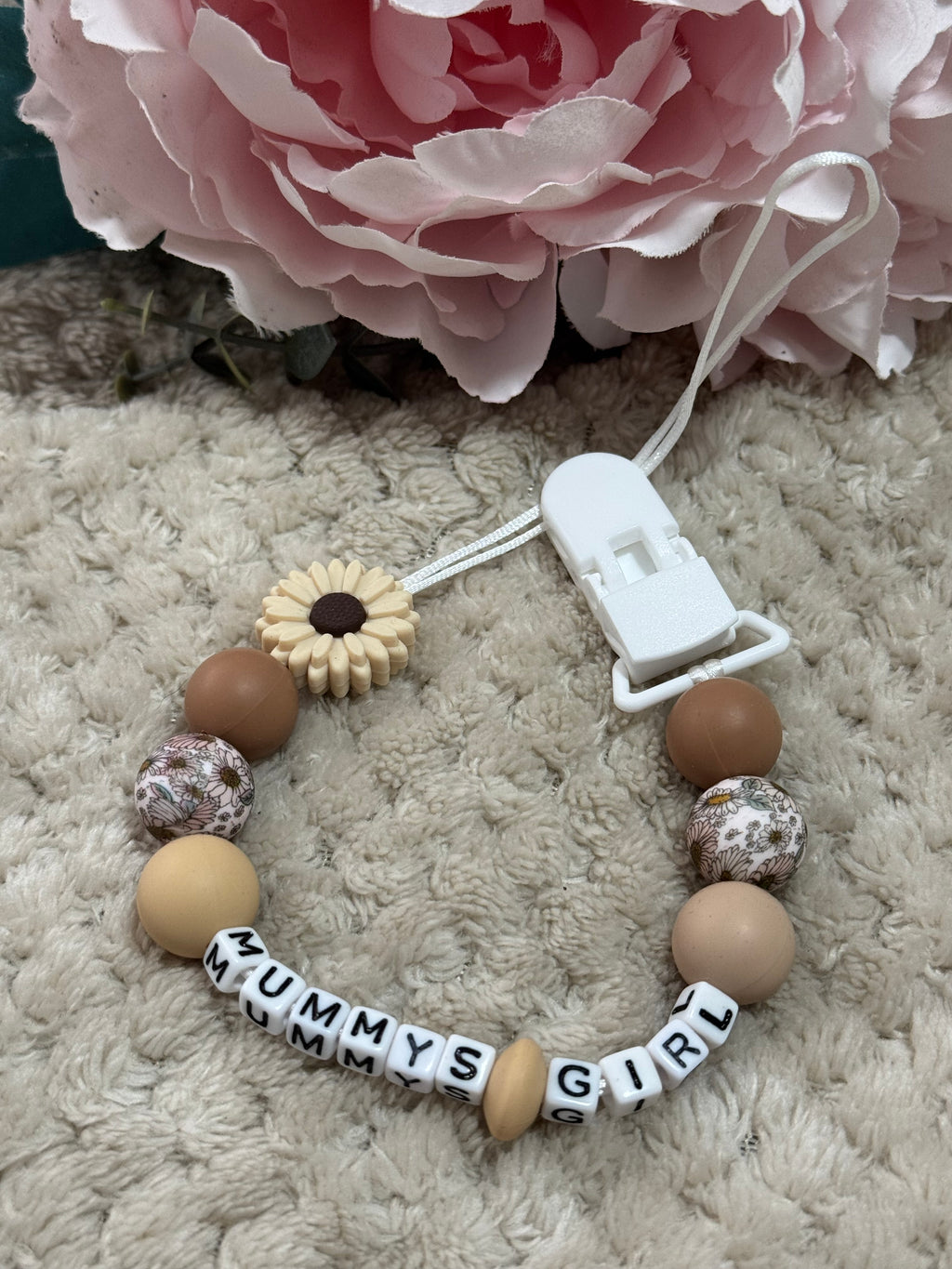 Cream, White and floral pattern beads on a dummy chain personalised with any name