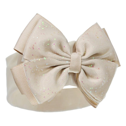 Beige glitter bow baby headband, soft and stretchy accessory for newborns and infants