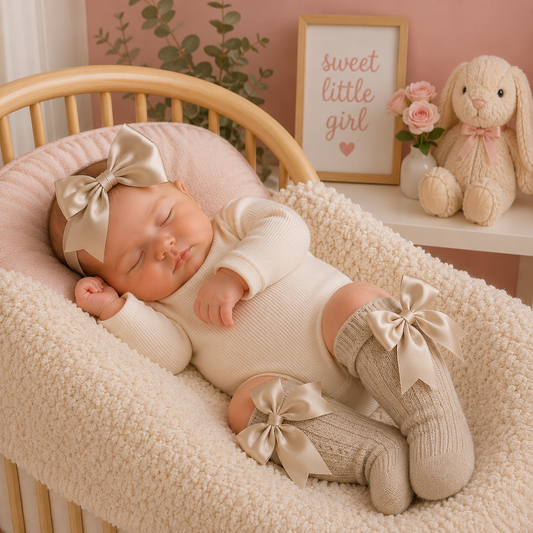 Baby in a crib wearing a cream outfit with bows, surrounded by decorative elements.