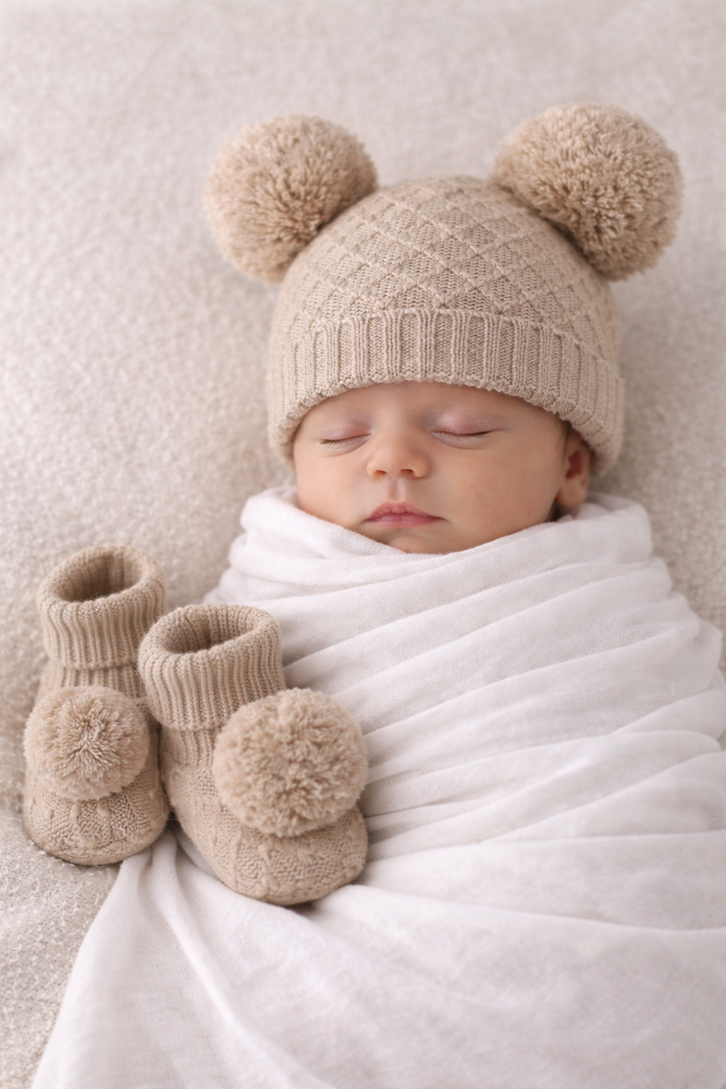 Newborn mockup featuring a sleeping baby styled in a beige cable knit hat with fluffy pom pom bear ears and matching pom pom booties. Wrapped in a soft white blanket against a neutral background, this cosy, timeless setup is perfect for babywear product listings, branding imagery, gift sets, and winter baby marketing visuals.