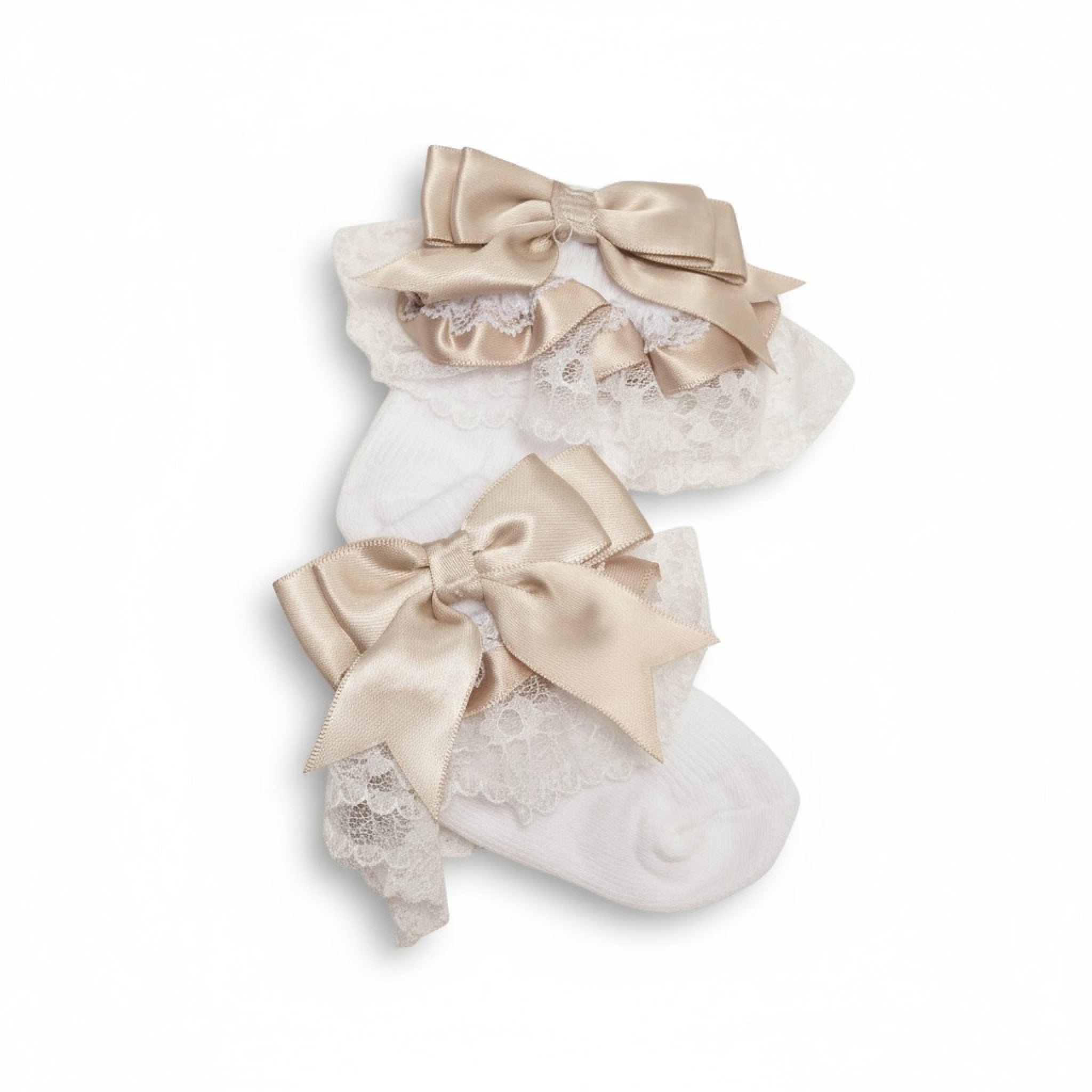 White socks with beige bows on a white background