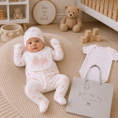 Baby in pink outfit lying on a rug with a 'Rock a Bye Baby' bag in a nursery setting.