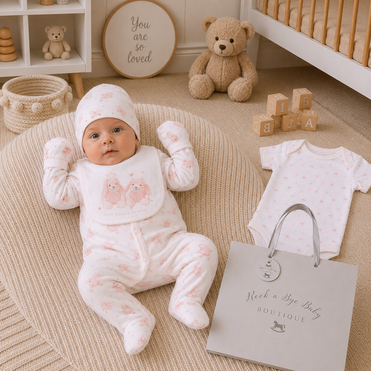 Baby in pink outfit lying on a rug with a 'Rock a Bye Baby' bag in a nursery setting.