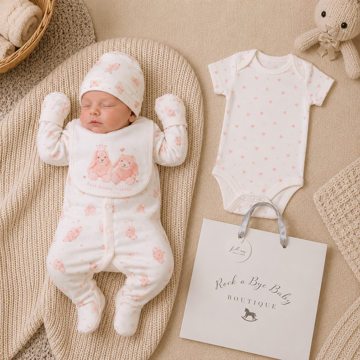 Newborn baby in pink and white outfit with matching hat and bib, surrounded by baby items on a beige blanket.