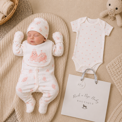 Newborn baby in pink and white outfit with matching hat and bib, surrounded by baby items on a beige blanket.