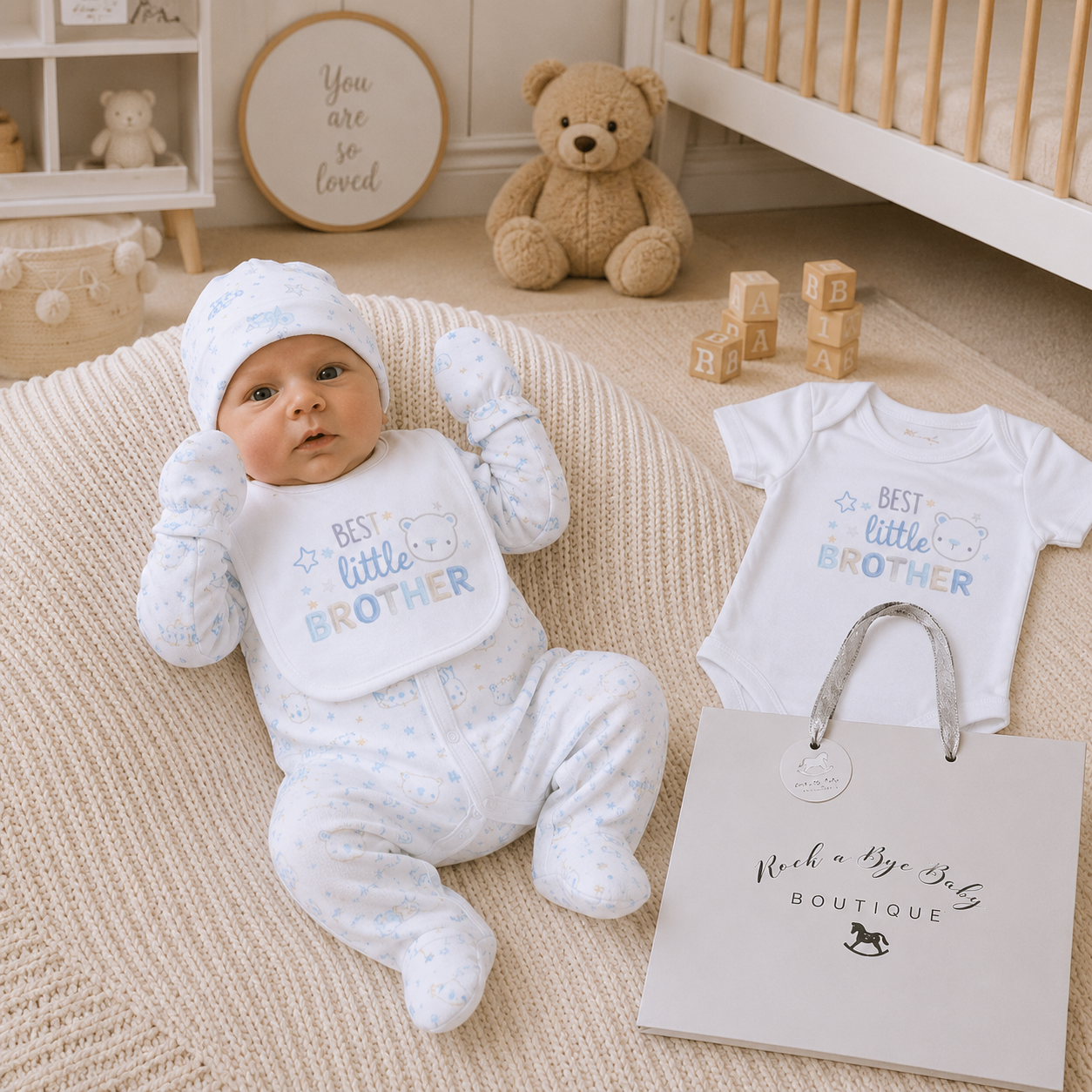 Baby in white onesie with text, surrounded by baby items in a nursery setting.