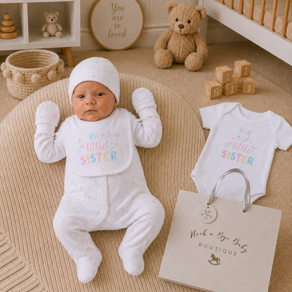 Baby in white outfit with 'little sister' text, surrounded by baby items in a nursery.