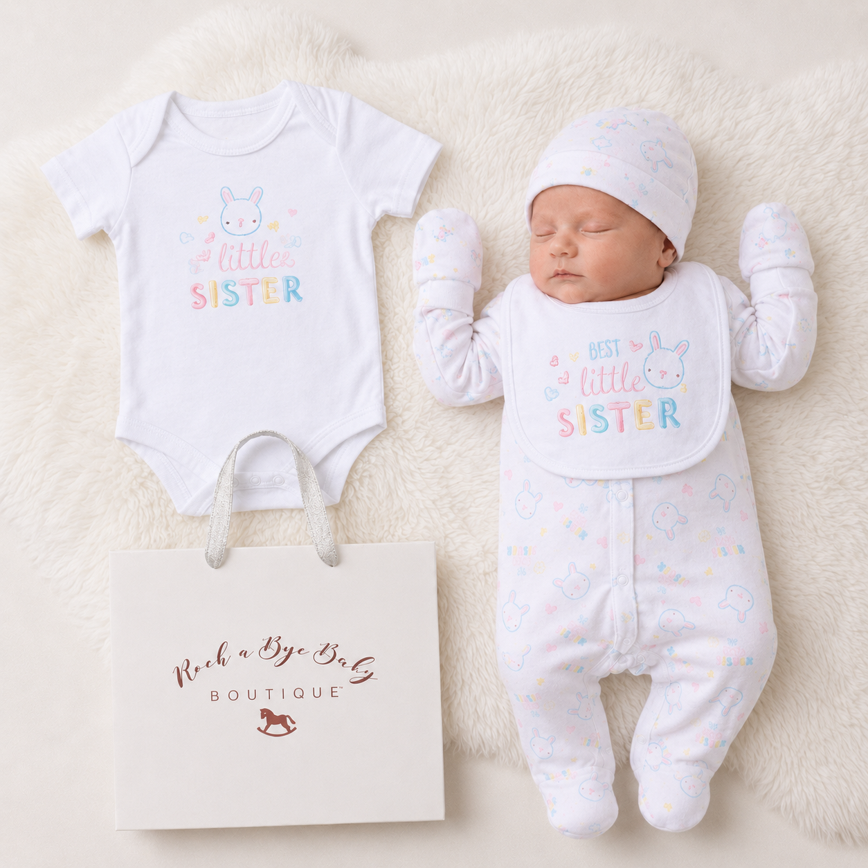 Baby outfit set with 'Little Sister' onesie and bib, baby lying next to it on a soft surface, with a 'Rock a Bye Baby Boutique' bag.