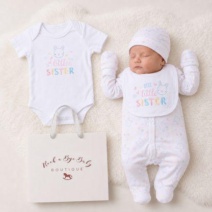 Baby outfit set with 'Little Sister' onesie and bib, baby lying next to it on a soft surface, with a 'Rock a Bye Baby Boutique' bag.