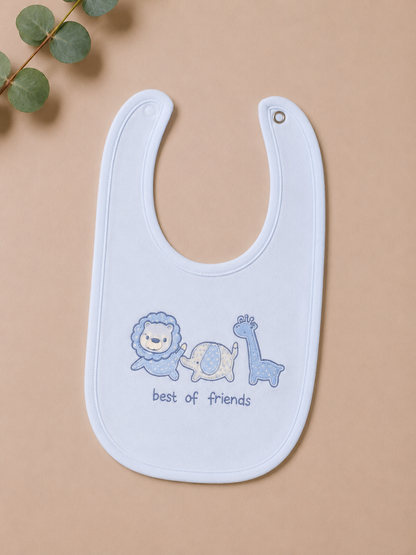 White bib with blue animal illustrations and 'best of friends' text on a beige background