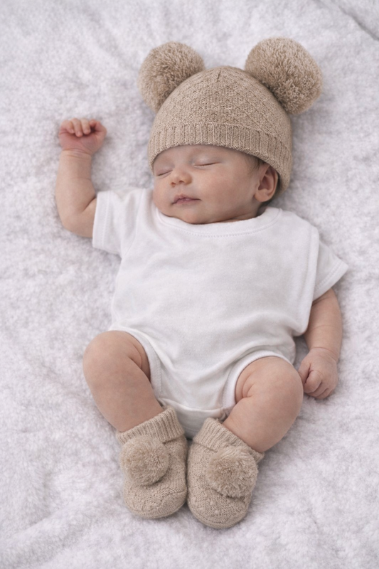 A sleeping newborn baby wearing a beige knit hat with two pom-poms, a white short-sleeve bodysuit, and matching beige booties, lying on a soft white blanket.