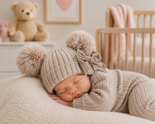 Newborn baby in a cozy setting with a knit outfit and hat, surrounded by soft toys and furniture.