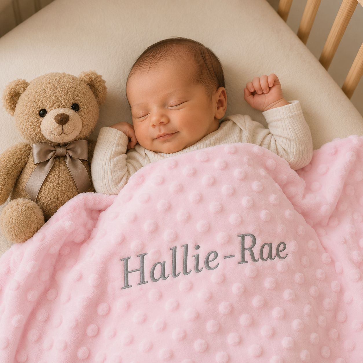 A sleeping newborn baby in a crib, covered with a pink textured blanket personalized with the name 'Hallie-Rae' in gray lettering. A brown teddy bear with a gray bow sits beside the baby.