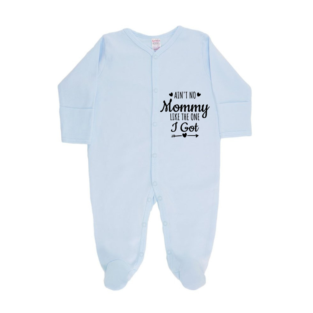 Light blue baby onesie with text on a white background