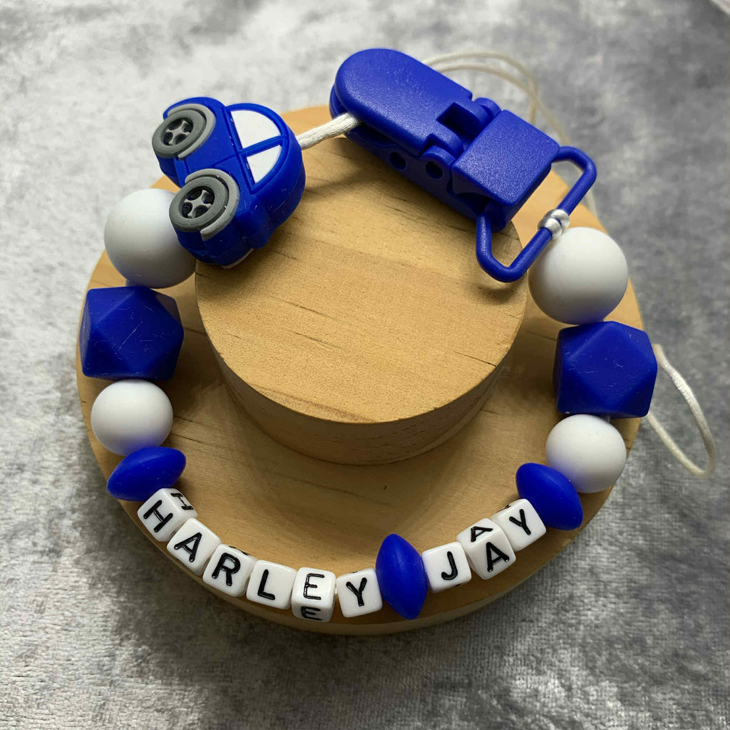 Blue and white silicone beads on a dummy chain with car topper. personalised options available.