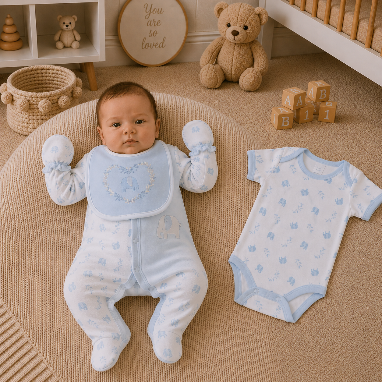Baby in blue and white outfit with matching romper on a beige rug in a nursery.