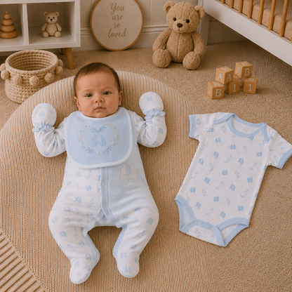 Baby in blue and white outfit with matching romper on a beige rug in a nursery.