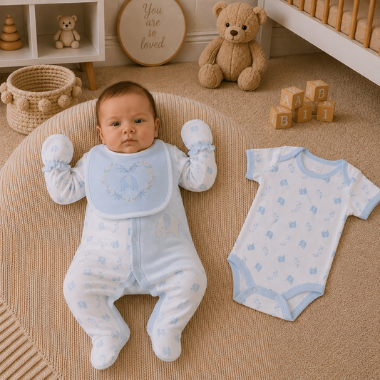 Baby in blue and white outfit with matching romper on a beige rug in a nursery.