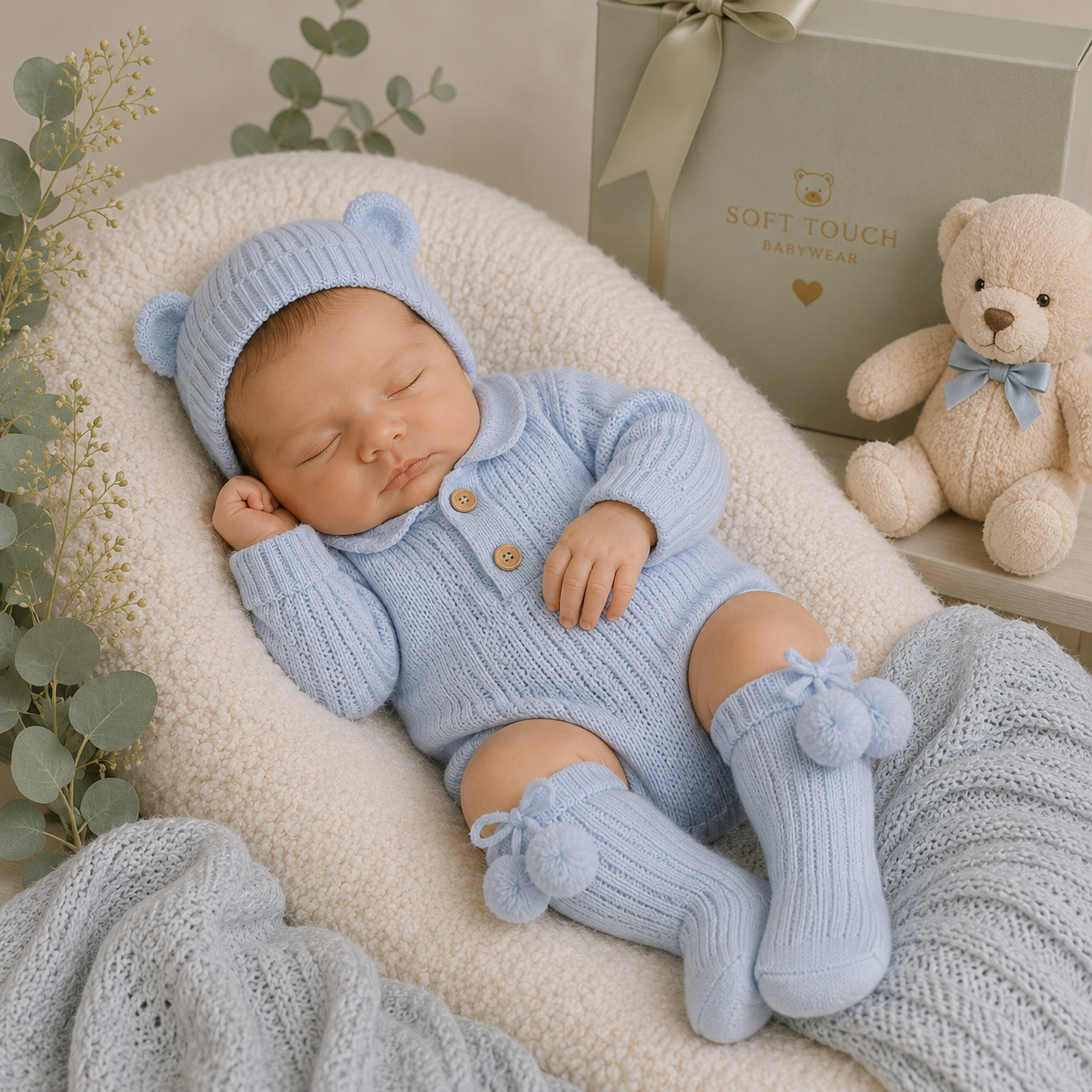Newborn baby in a blue knitted outfit with matching hat and socks, lying on a soft surface with a teddy bear and gift box in the background.