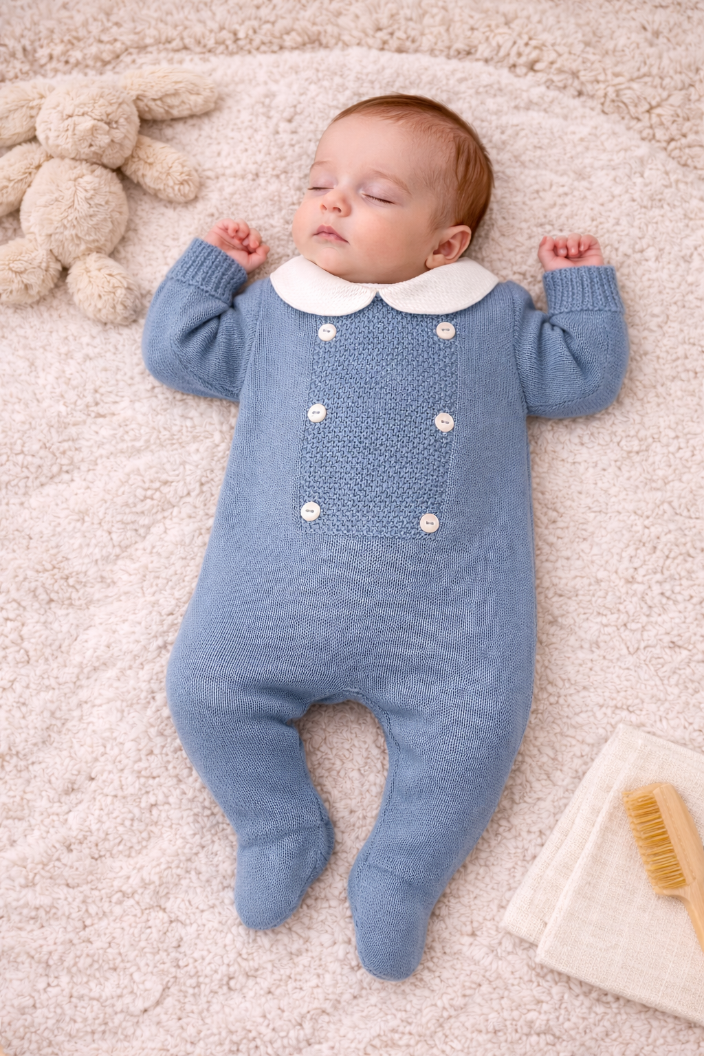 Classic Spanish-style baby blue knit sleepsuit with built-in feet and textured chest panel, photographed in a clean flat lay style.