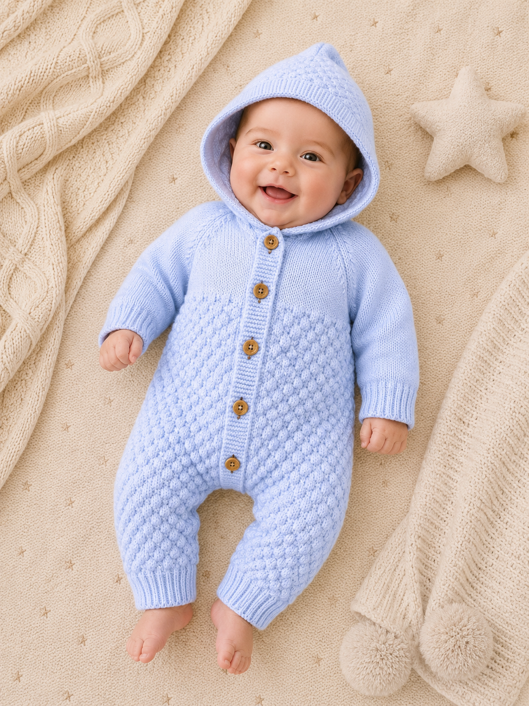 Blue Knitted Baby Pramsuit | Hooded | Wooden Button Detail