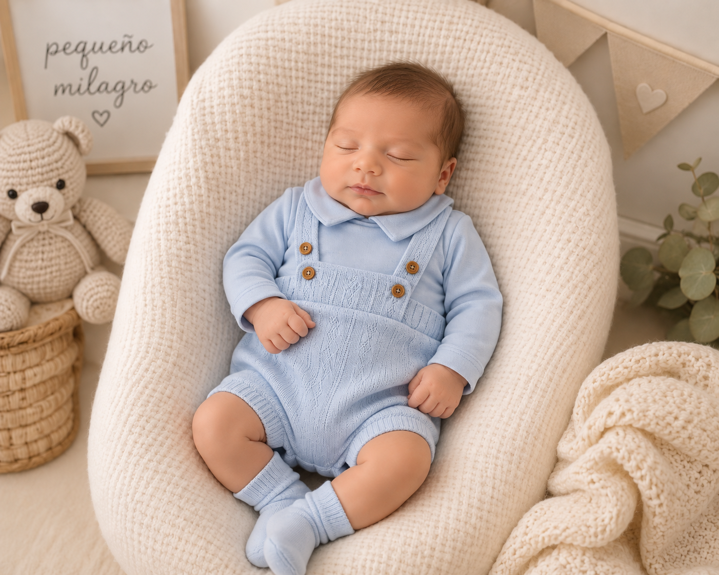 Newborn baby wearing blue knitted Spanish 2-piece set with polo top and cable-knit dungaree shorts with wooden button braces