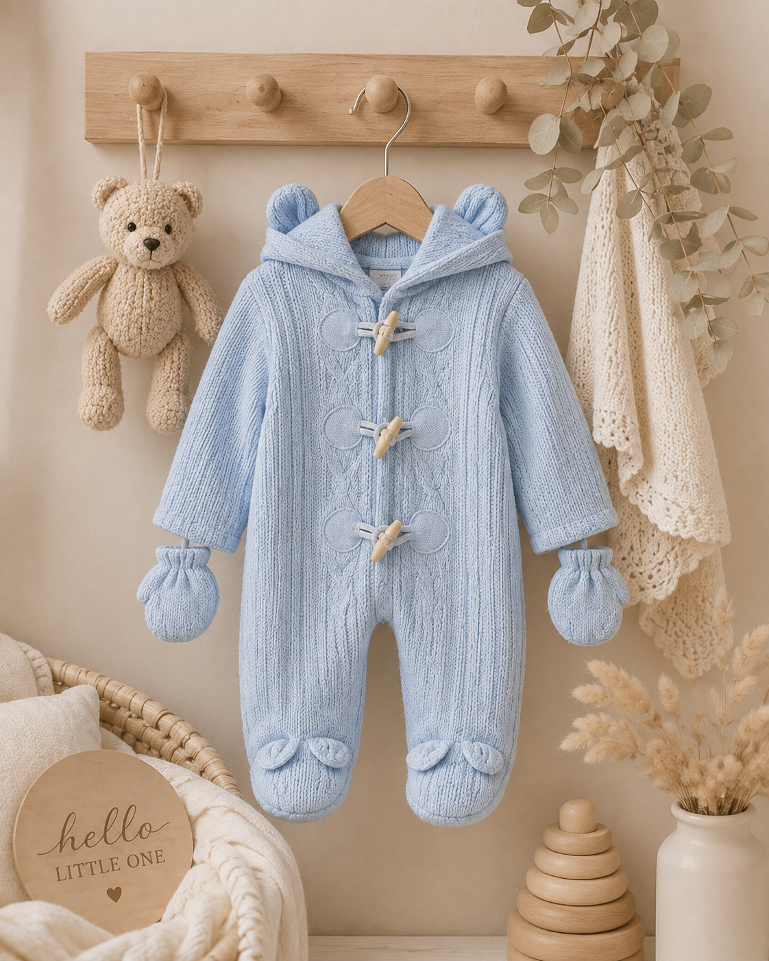 Blue knitted toggle Spanish pramsuit with bear ear hood and matching mittens on hanger