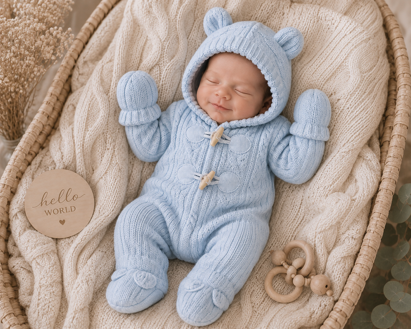 Newborn baby wearing blue knitted toggle Spanish pramsuit with bear ear hood and scratch mittens