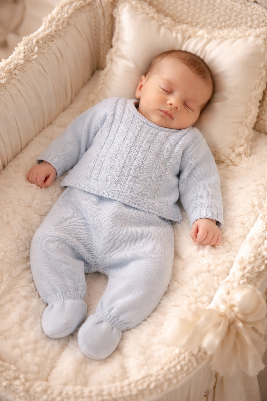 Baby in a light blue outfit sleeping in a crib with soft bedding.