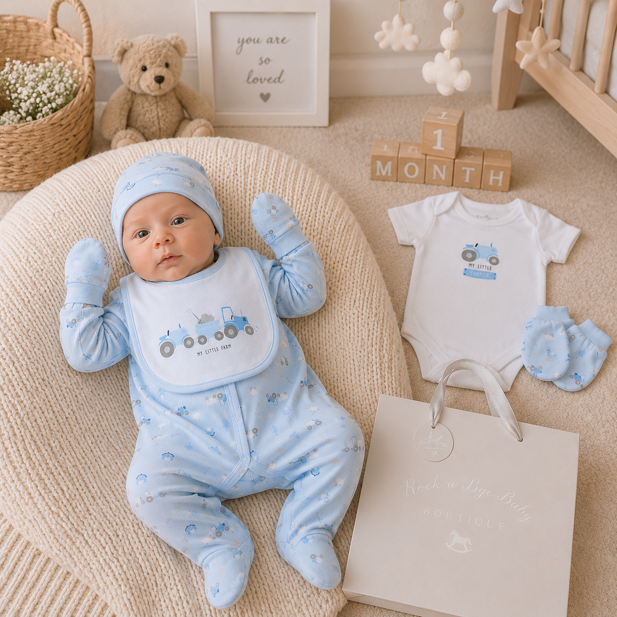 Baby in blue outfit with matching bib and booties, surrounded by baby items in a nursery setting.