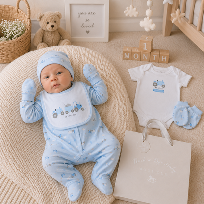 Baby in blue outfit with matching bib and booties, surrounded by baby items in a nursery setting.