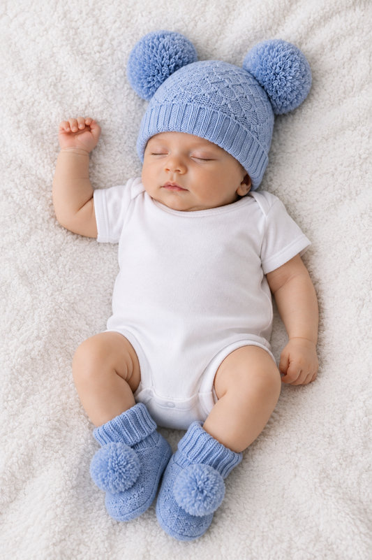 A sleeping newborn baby lying on a white textured blanket, wearing a light blue knit hat with two pom-poms, a white short-sleeve bodysuit, and matching light blue knit booties with pom-poms.