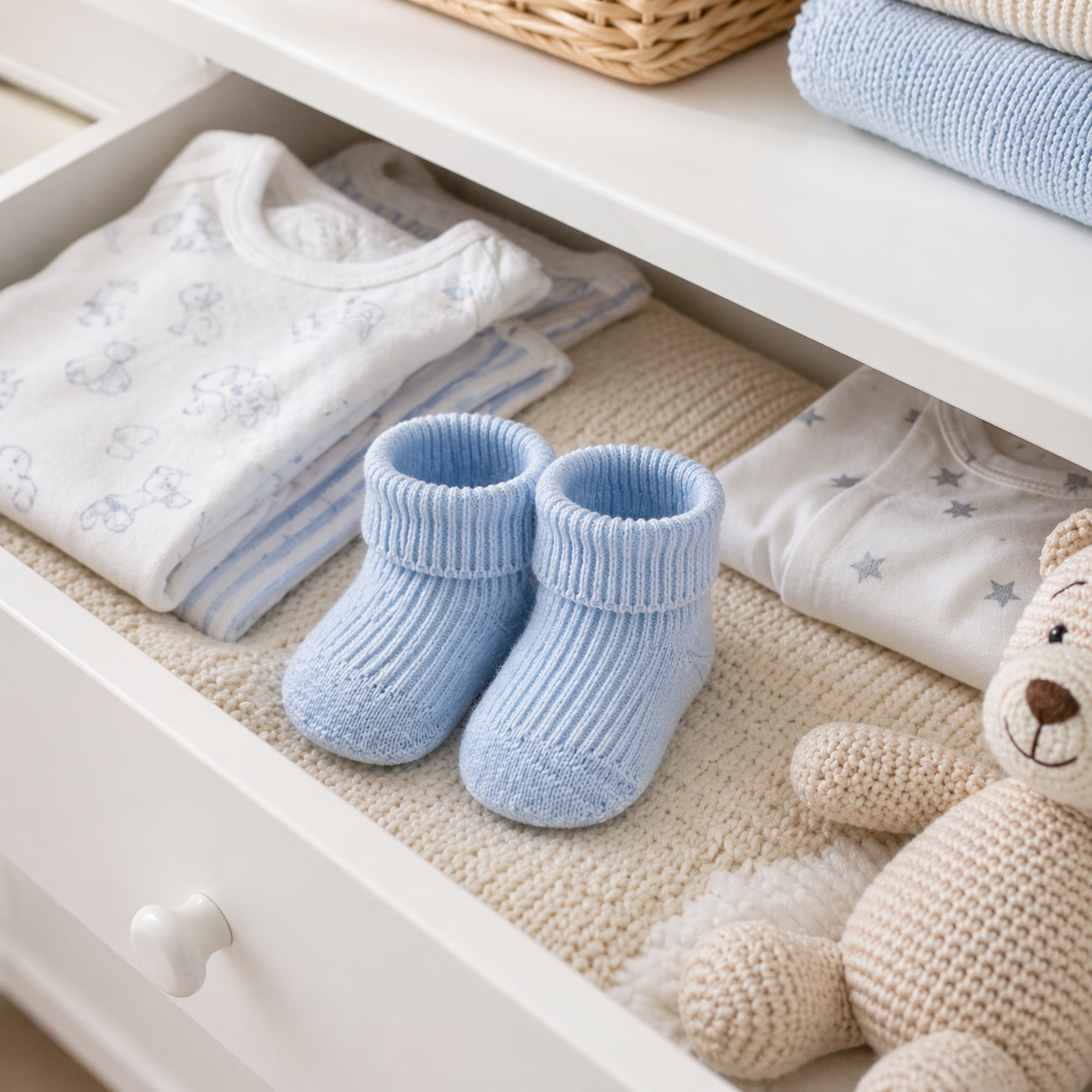 Baby blue socks on a white shelf with baby clothes and a teddy bear.