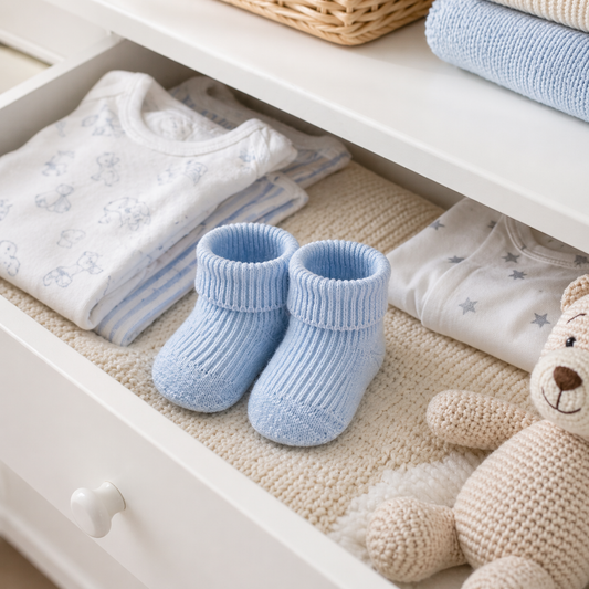 Baby blue socks on a white shelf with baby clothes and a teddy bear.