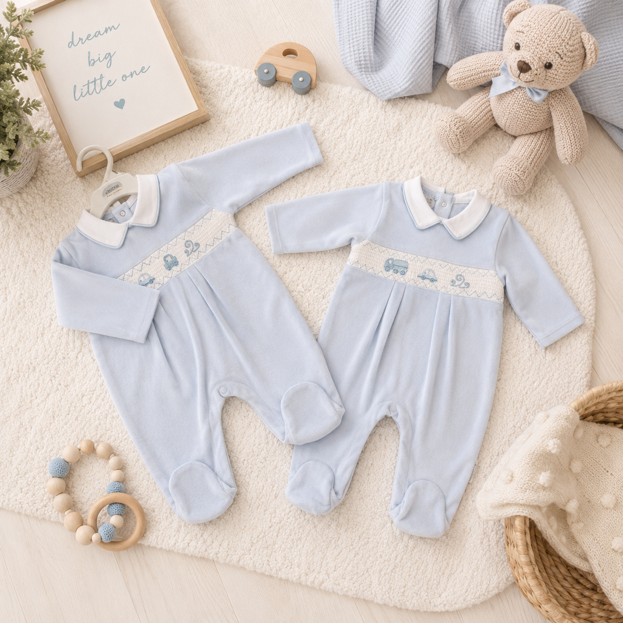 Baby blue smocked sleepsuit with white collar and train detail flat lay