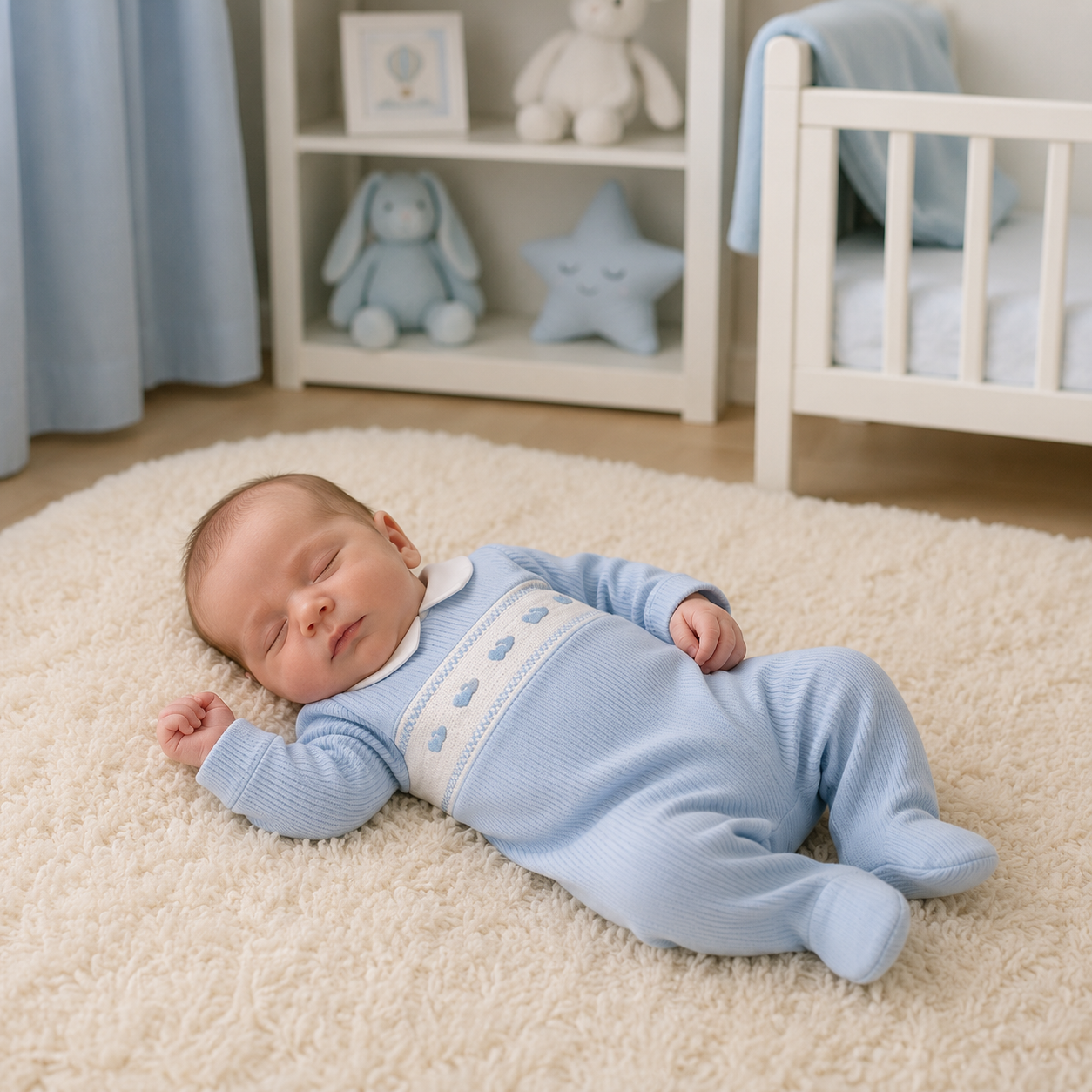Baby in a blue outfit lying on a beige carpet with a crib and toys in the background.