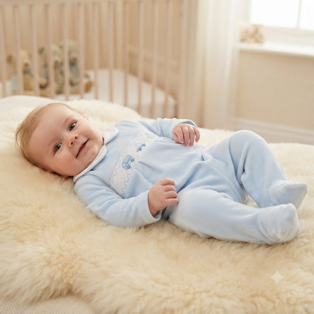 Baby wearing blue smocked sleepsuit with white collar and train detail