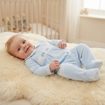 Baby wearing blue smocked sleepsuit with white collar and train detail