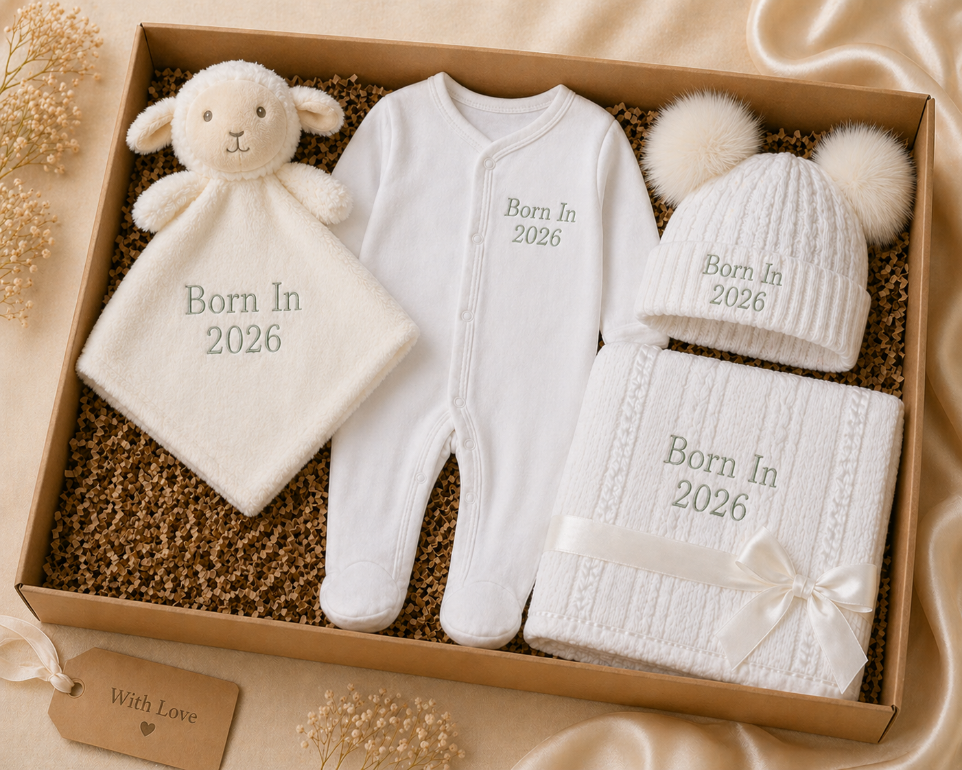 Born In 2026 Baby Gift Box | Babygrow, Hat, Blanket & Lamb Comforter