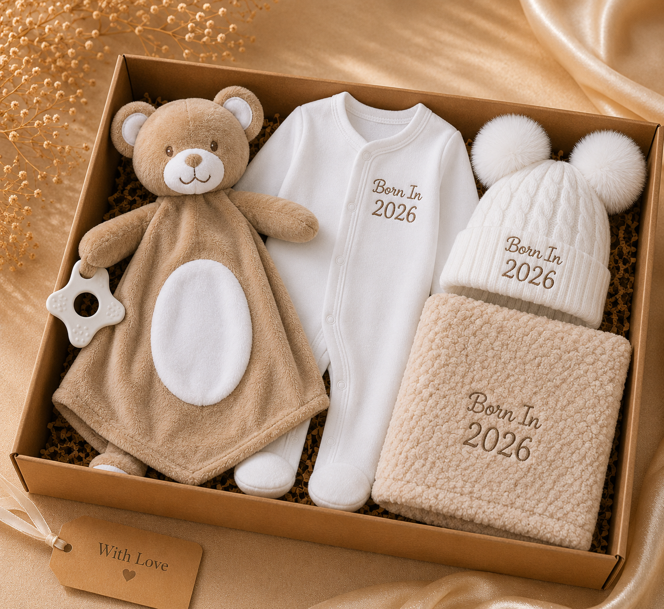 Born In 2026 Baby Gift Box | Babygrow, Hat, Blanket & Teddy Bear Toy PREORDER