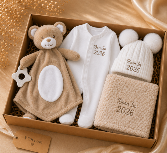 Born In 2026 Baby Gift Box | Babygrow, Hat, Blanket & Teddy Bear Toy PREORDER