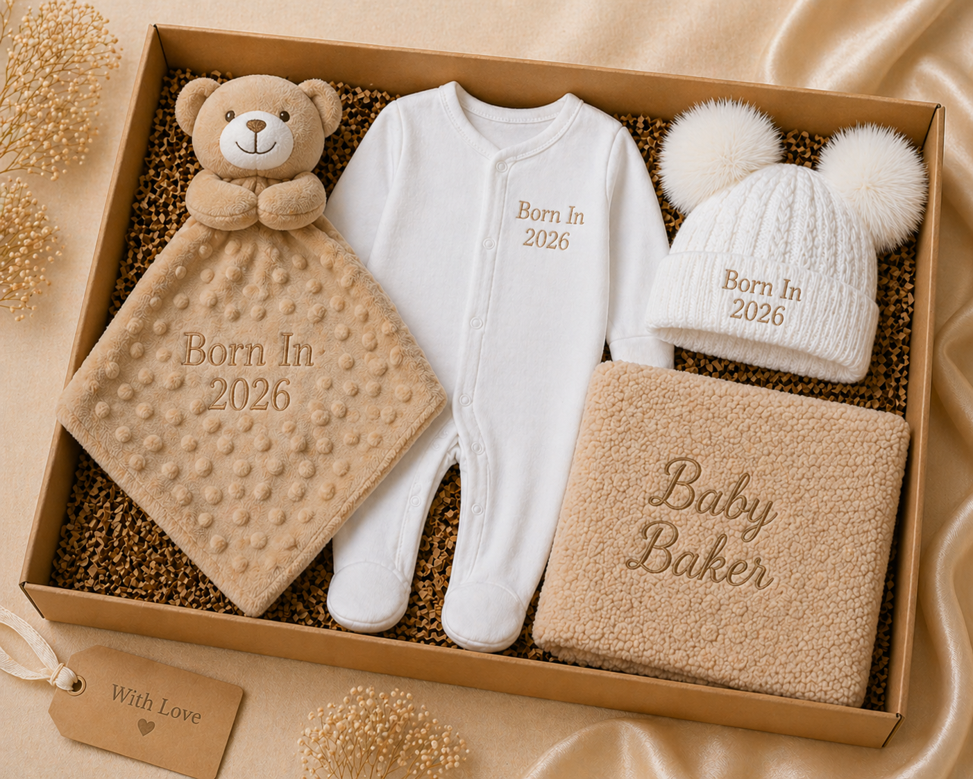 Baby gift set with teddy bear, onesie, hat, and blanket in a box on a beige background.