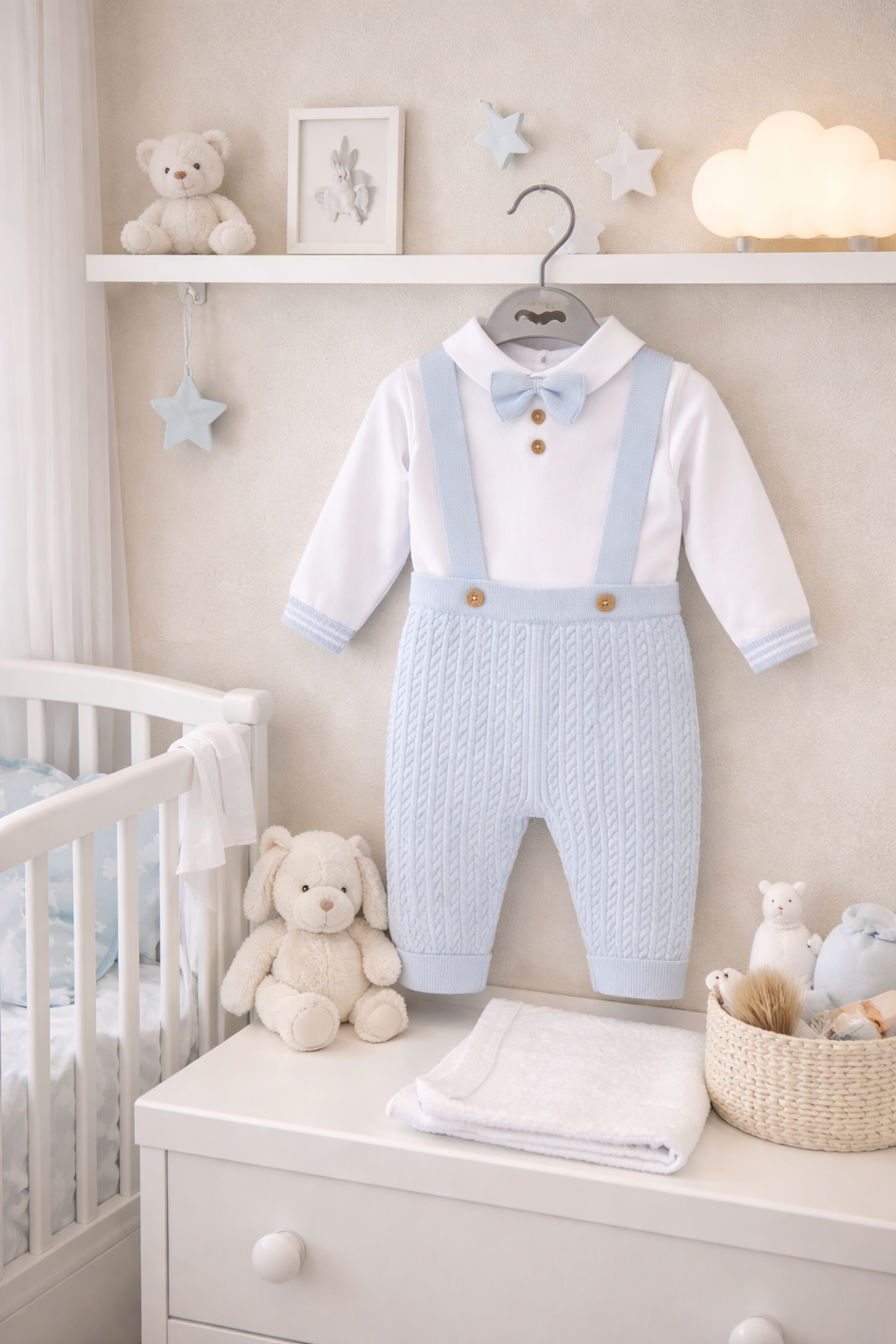 Baby outfit with blue knitted romper and suspenders in a nursery setting.