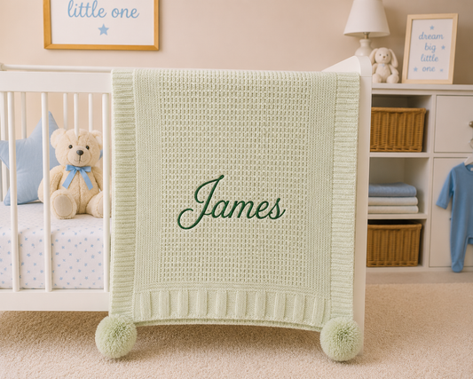 Green baby blanket with 'James' embroidered on it in a nursery setting.