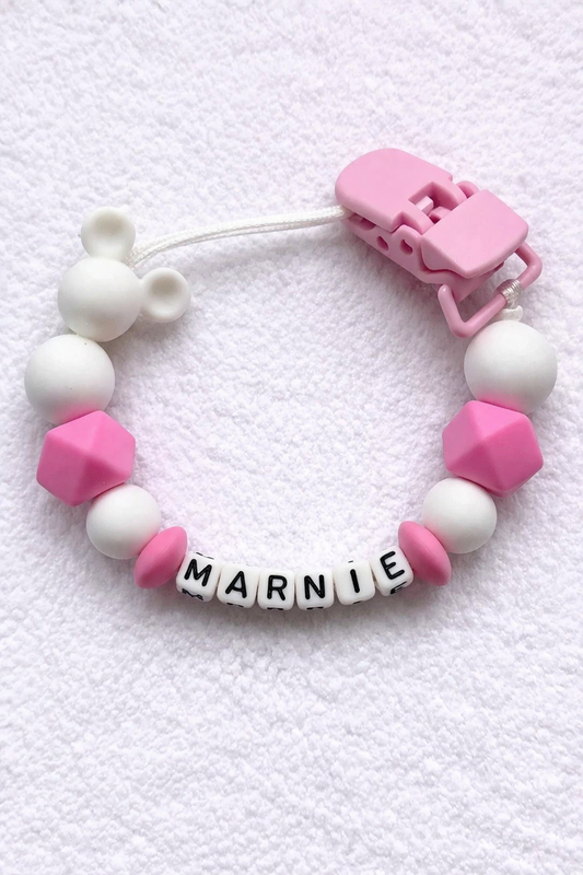 Pink & White Minnie Mouse Personalised Dummy Clip – (Small Plastic Letter Design)